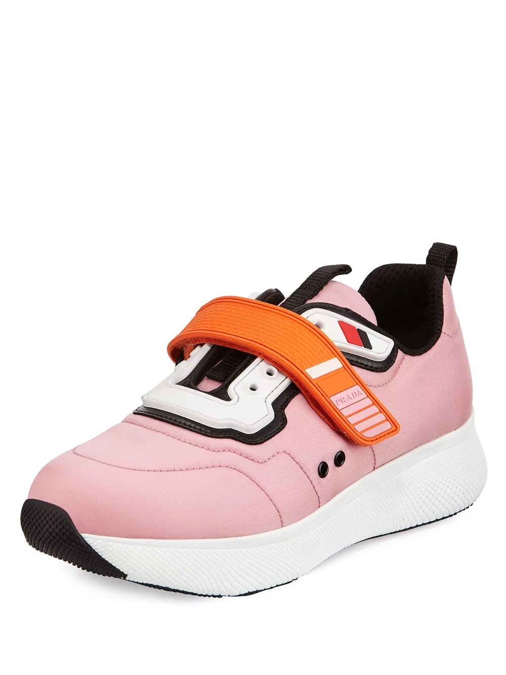 Prada Sport Pink Nylon Neoprene Sneaker with Orange Rubber Velcro Strap, Size 8